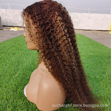 Highlight Honey Brown Color Kinky Curly Human Hair Lace Front Wig Virgin Brazilian Hair Highlight Wig Transparent HD Frontal Wig